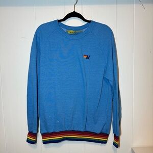Aviator nation Blue Crew Sweater with Rainbow Trim